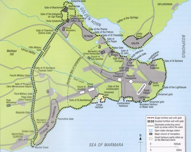 mapa hradby konstantinopole